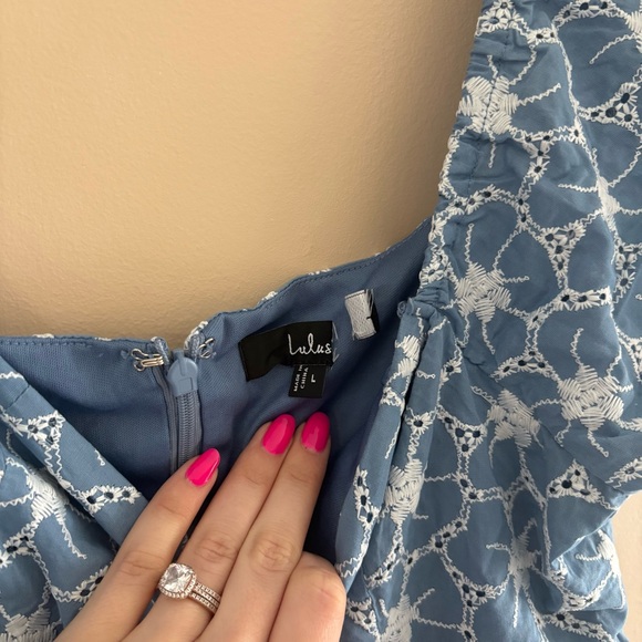 Lulus Fit to Frolic Blue Eyelet Lace Puff Sleeve Babydoll Dress size Large Beach - Picture 5 of 9